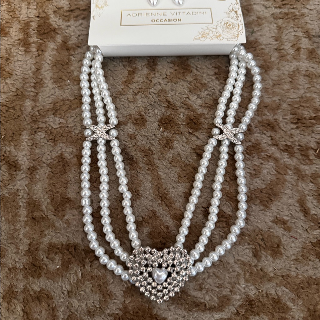 Silver Rhinestone Heart Necklace With Faux Pearls And Heart Earrings